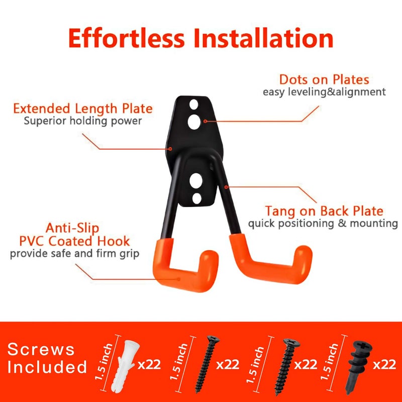 SMARTOLOGY Garage Hooks, 12 Pack Wall Storage Hanger with 2 Extension Cord Straps, Heavy Duty Tool Holder for Utilities Organization, Wall Mount Rack for Garden Lawn Tools, Ladders, Bike, Ski (Orange) - Image 2
